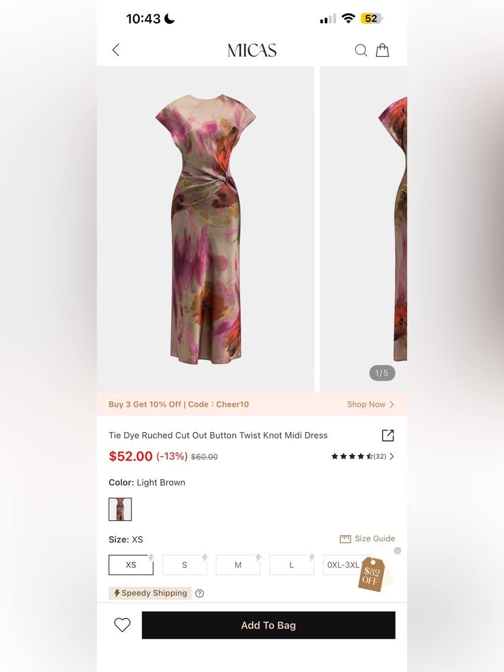 Light Brown Tie Dye Ruched Twist Knot Midi Dress